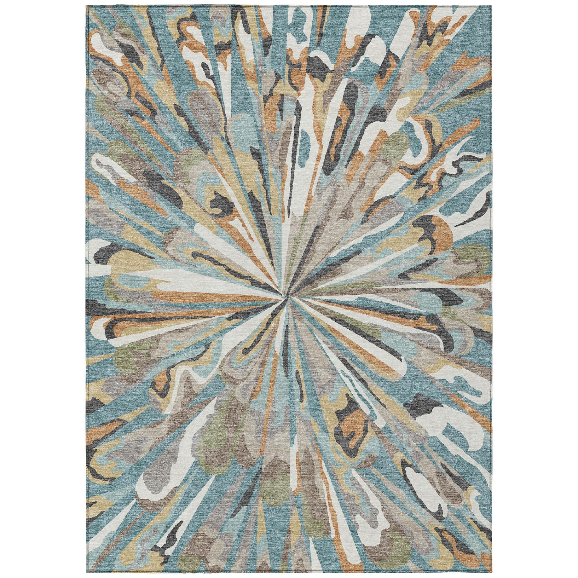 Teal blue and beige abstract area rug centered sunburst design on a plain background