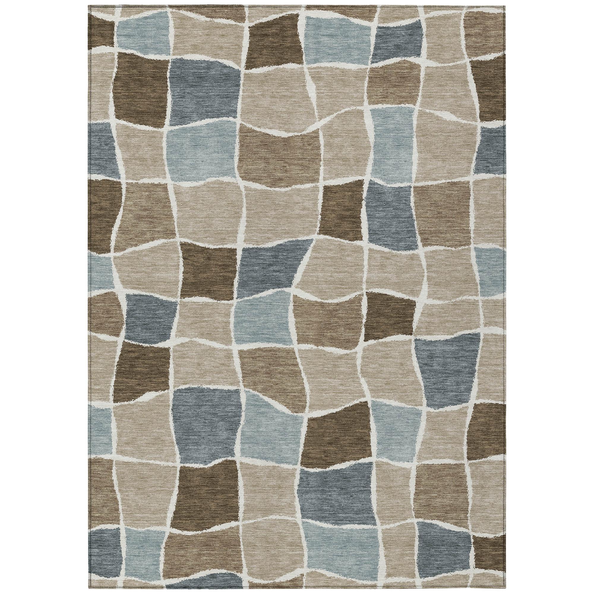 Geometric area rug with beige, brown, and light blue block pattern over white lines