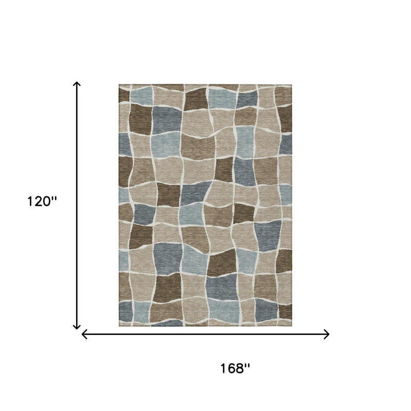 10 x 14 ft geometric area rug dimensions shown with beige, brown, and light blue pattern
