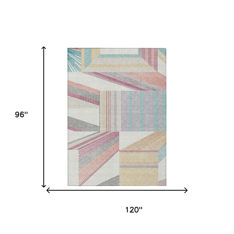 Ivory geometric area rug layout diagram showing 120 in by 96 in dimensions
