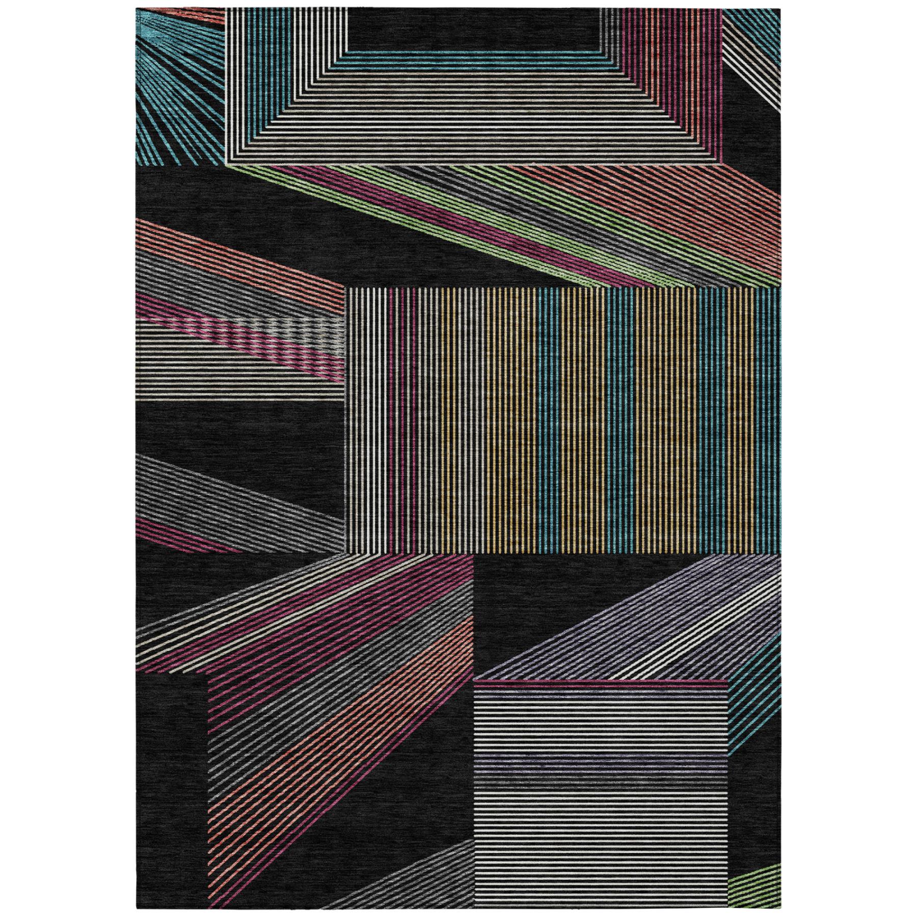 Dark geometric area rug with layered rainbow stripe blocks and sharp rectangular shapes