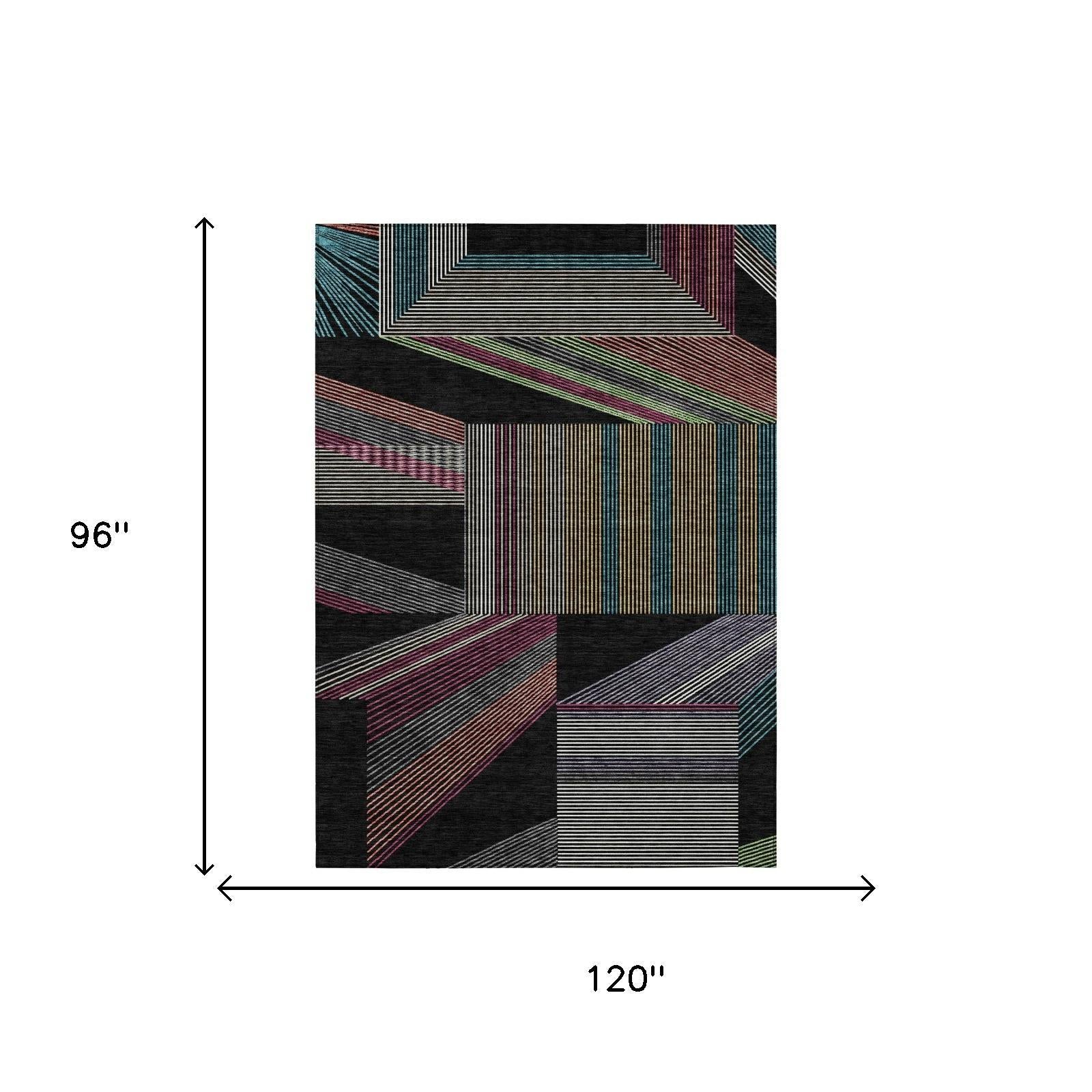 Area rug size diagram, black geometric stripes with multicolor block accents
