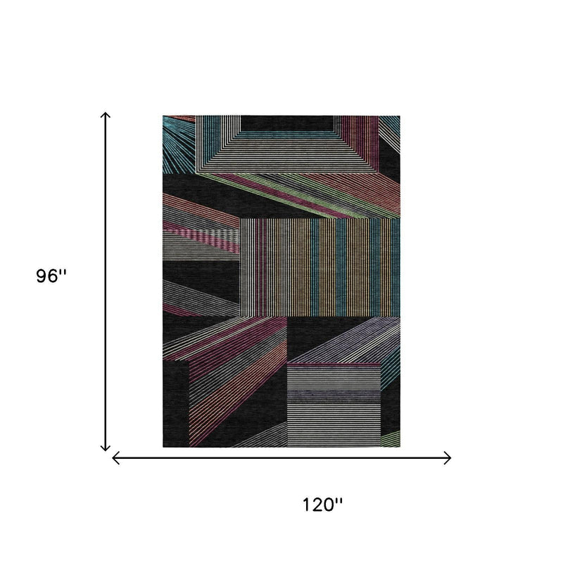 Area rug size diagram, black geometric stripes with multicolor block accents