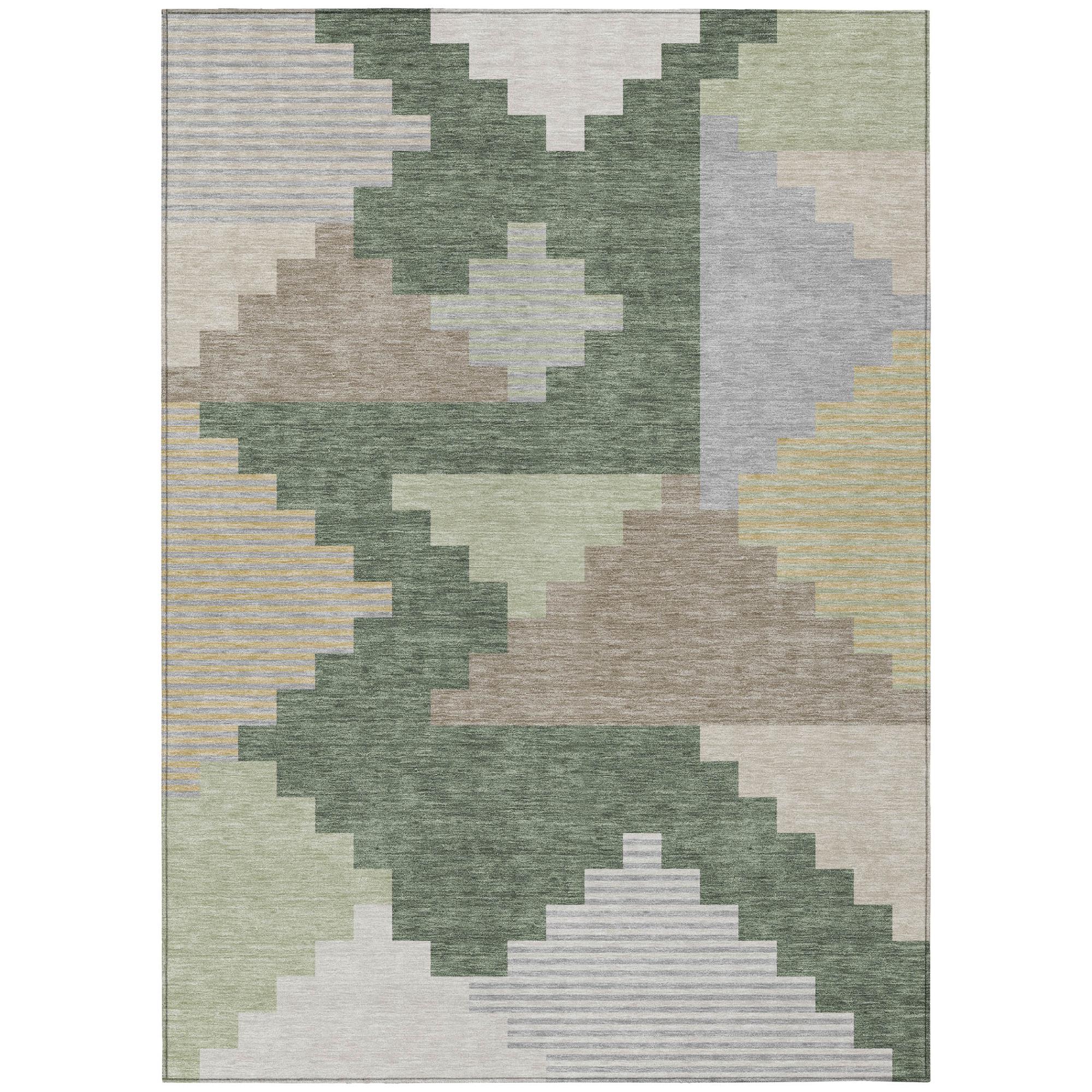 Patchwork geometric area rug with green, gray, beige, and white square shapes.