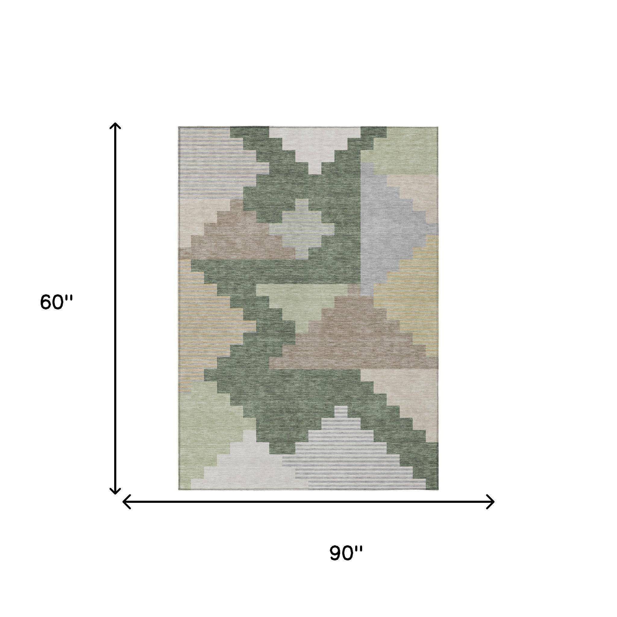 Geometric area rug with green and gray blocks on beige background, 90x60 in.
