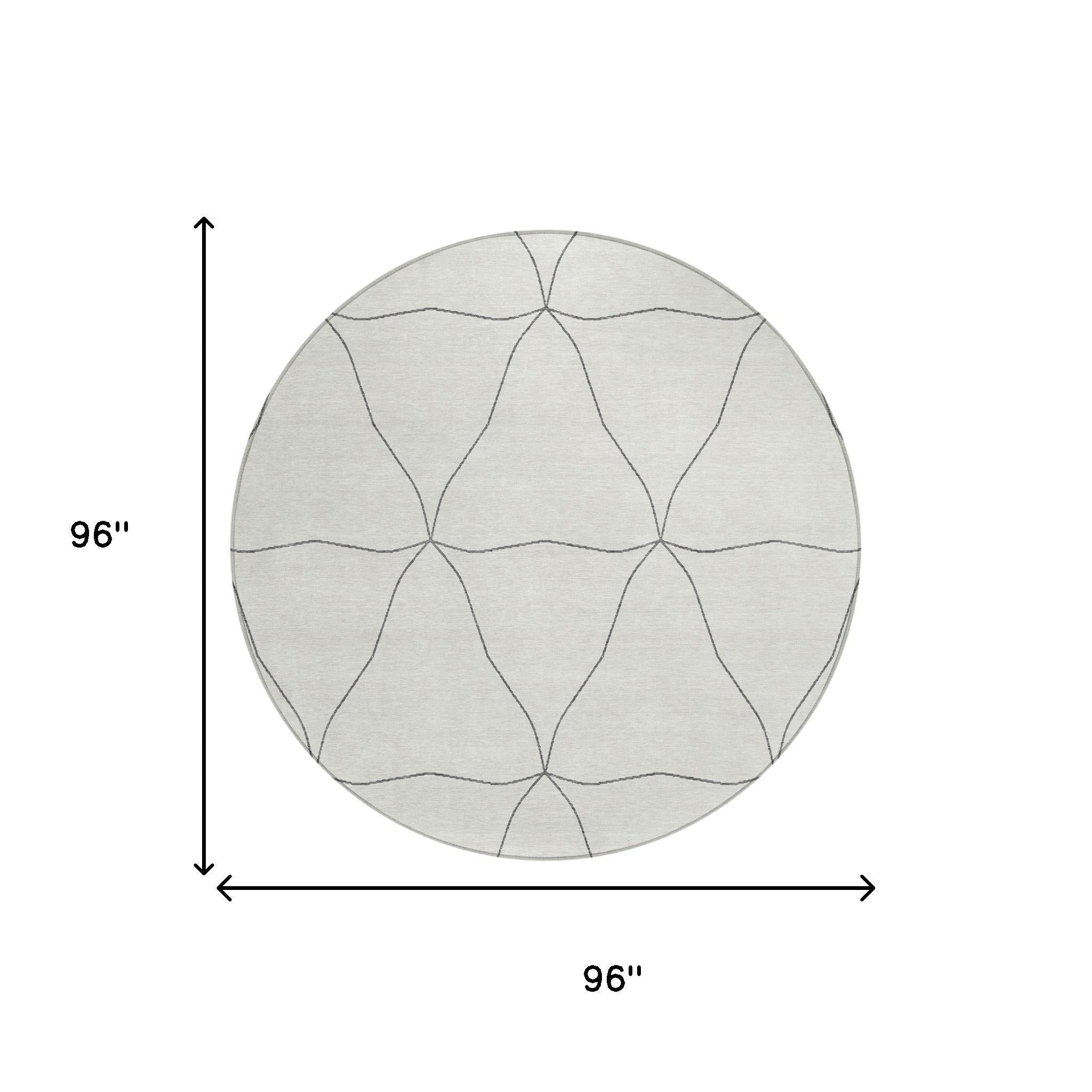 Round area rug size diagram, light base with gray geometric line pattern