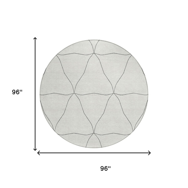 Round area rug size diagram, light base with gray geometric line pattern