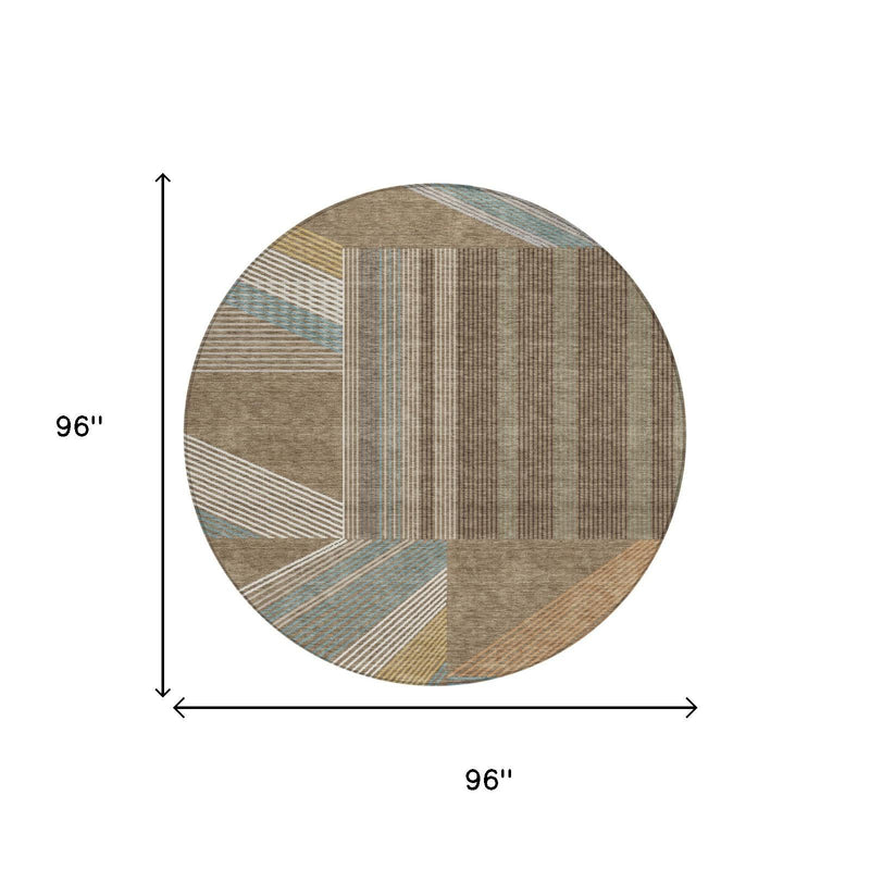 96 in round geometric rug with brown, gray, and light blue block pattern