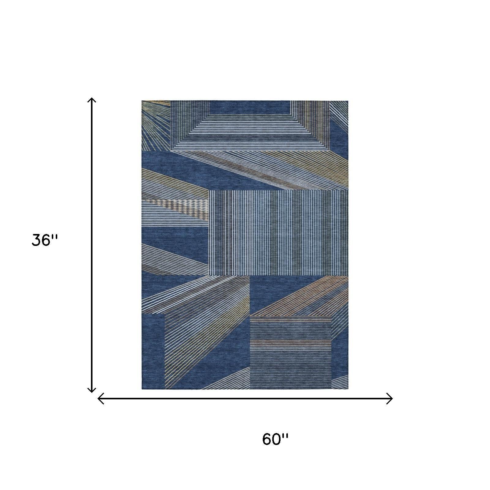 Blue geometric area rug, 60 x 36 in, navy and golden stripe patchwork design