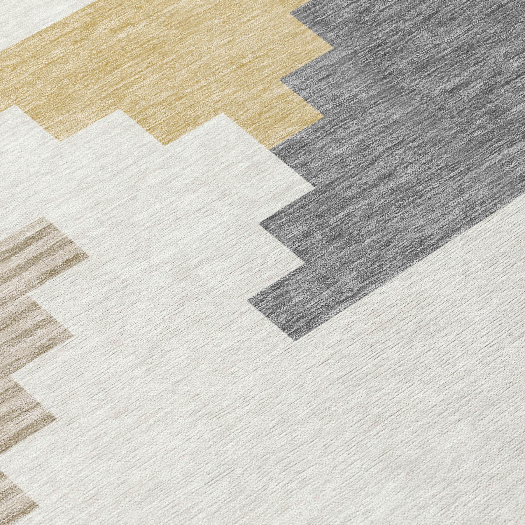 Ivory, beige, and gray geometric area rug with stepped zigzag block pattern