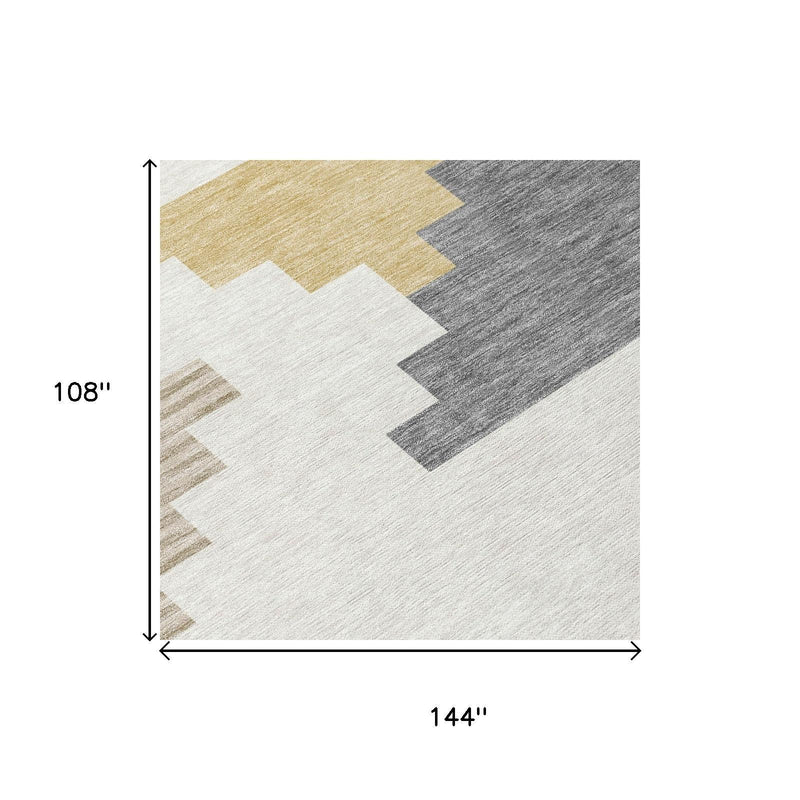 Ivory geometric area rug with beige and gray zigzag blocks, 144 x 108 in