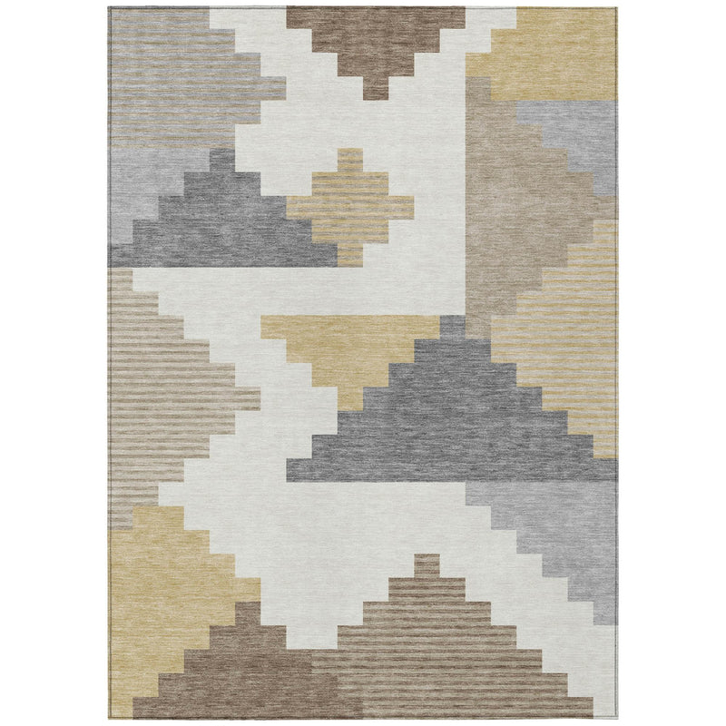 Geometric area rug in gray, ivory, beige, and brown with stepped block shapes
