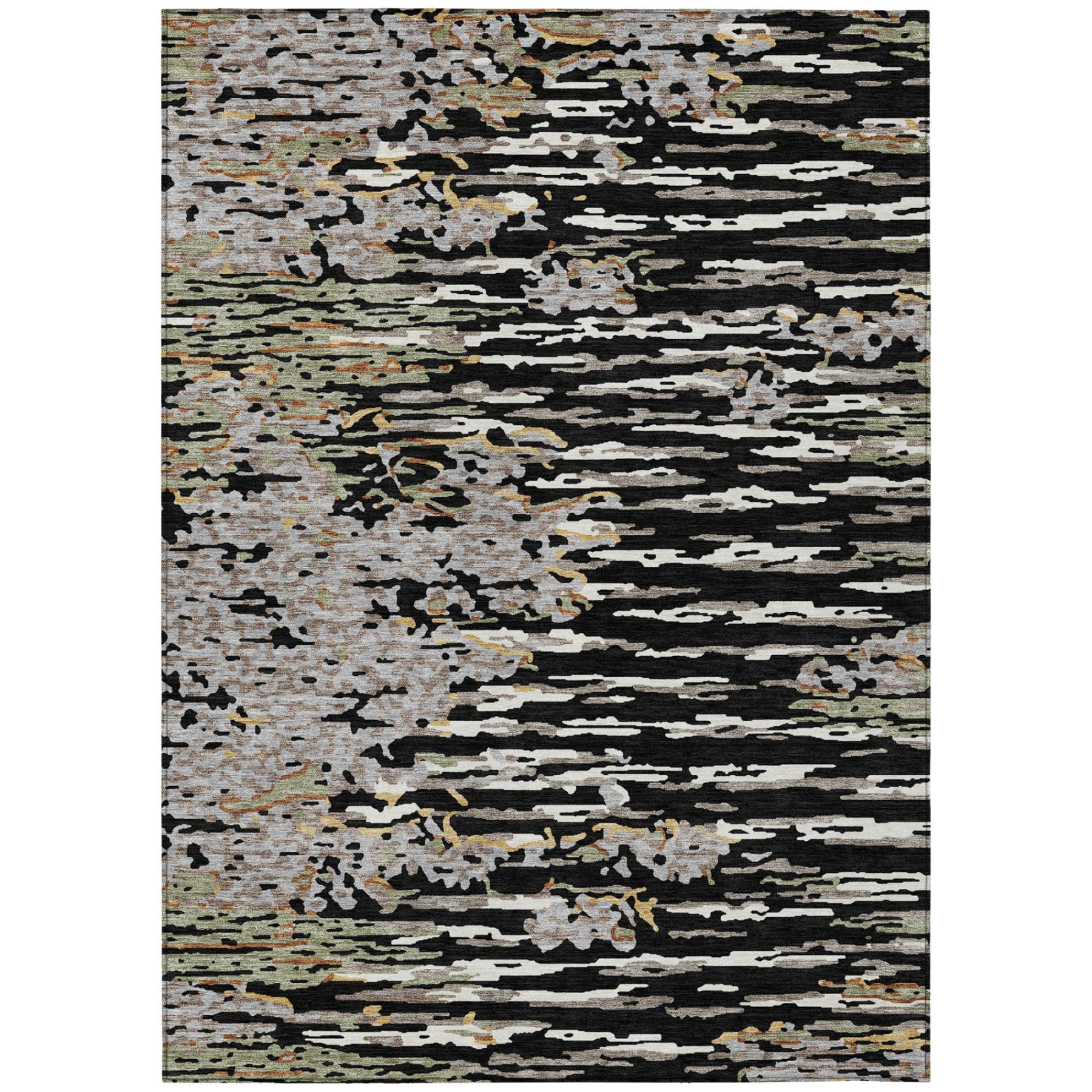 Abstract striped area rug with black, graphite, and light gray bands