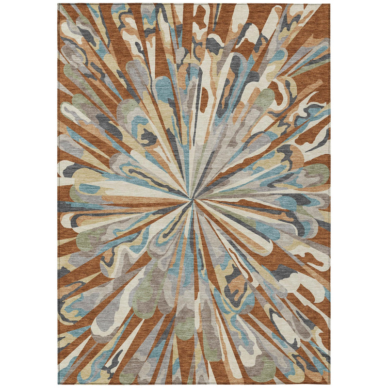 Rectangle abstract area rug with central sunburst medallion in teal, orange, and cream tones