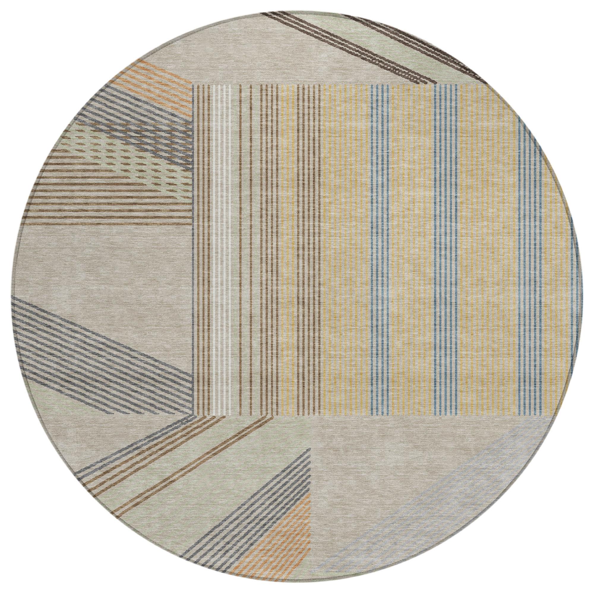 Round beige rug with blue vertical stripes and brown geometric border lines