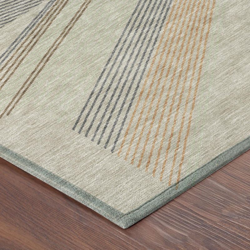 Round area rug with beige base and blue, brown, and orange geometric stripes