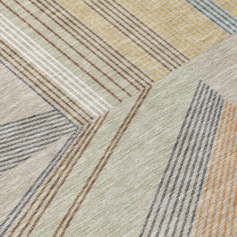 Beige round rug with blue and brown geometric line pattern in textured weave
