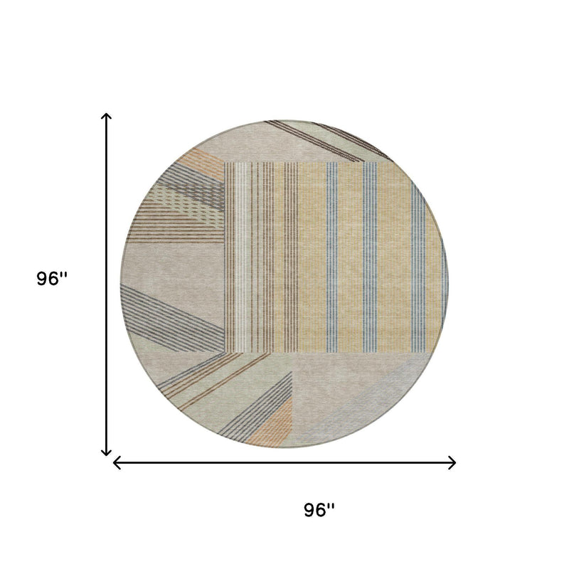 Round 96 in area rug with beige, blue, and tan geometric stripe segments