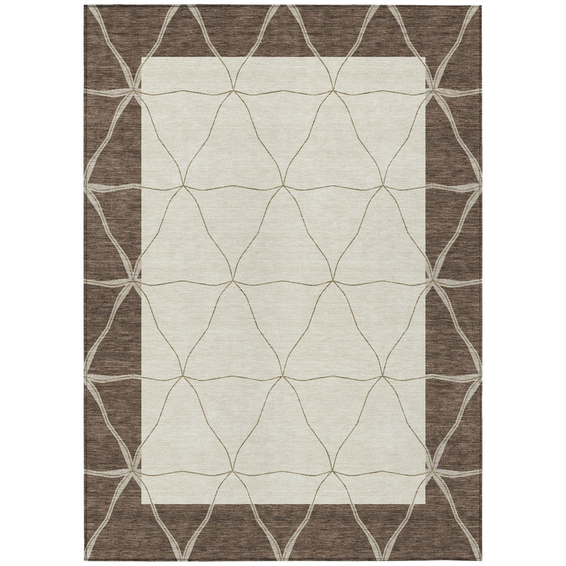 Rectangular area rug with beige field, coffee-brown border, and geometric lattice lines.