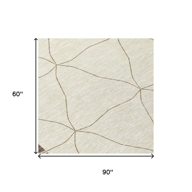Rug dimensions graphic: 5 x 8 ft, beige with coffee-brown geometric line pattern.