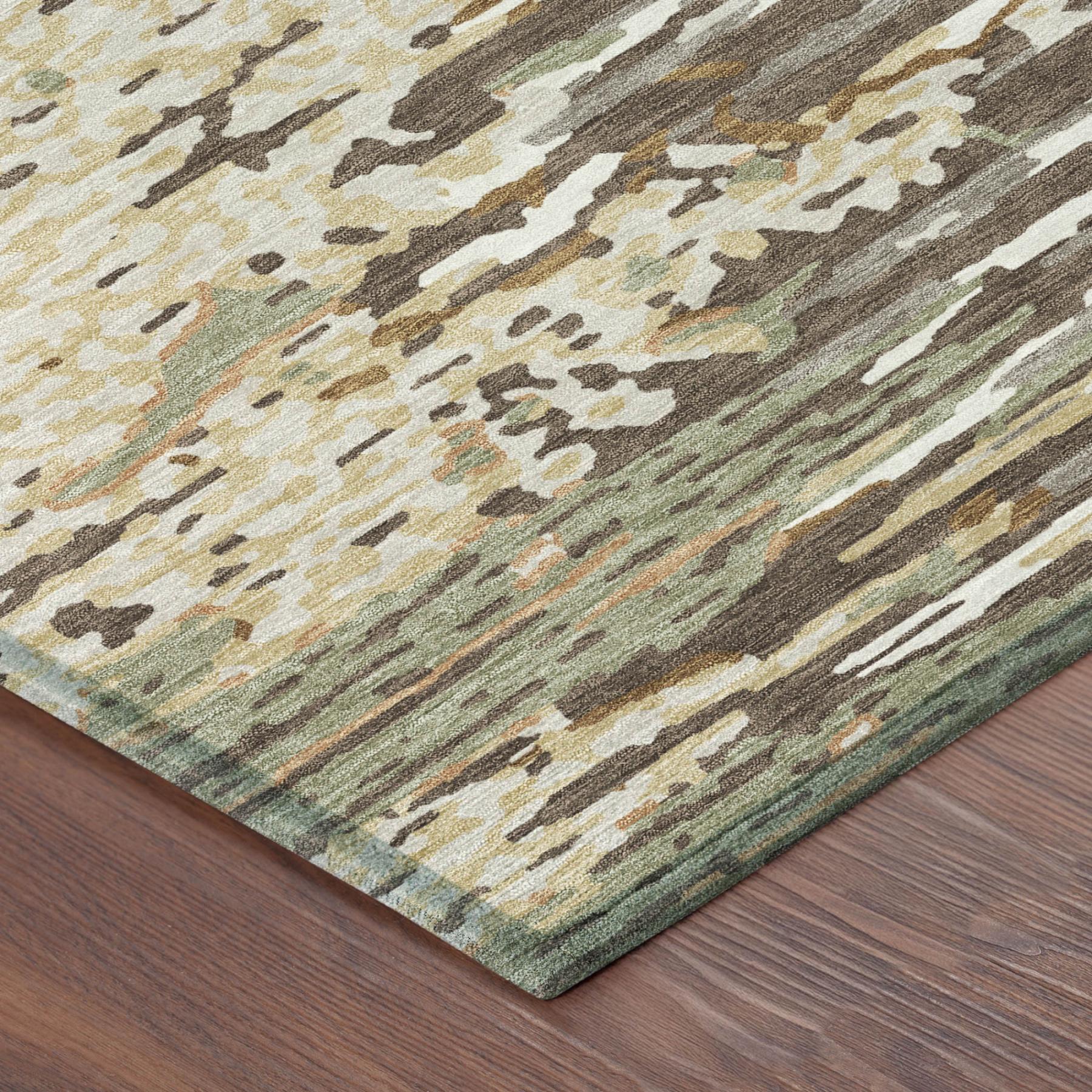 10x14 abstract wash area rug with brown, gray, cream, and olive tones, folded corner view.