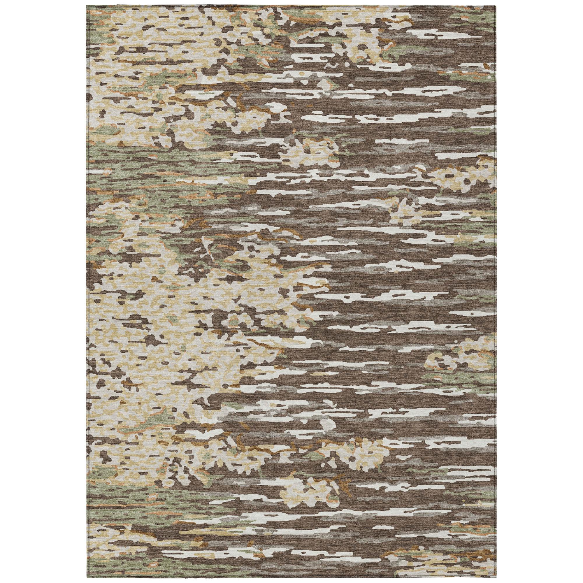 10x14 abstract wash area rug with distressed stripes in brown, gray, and cream, full view.