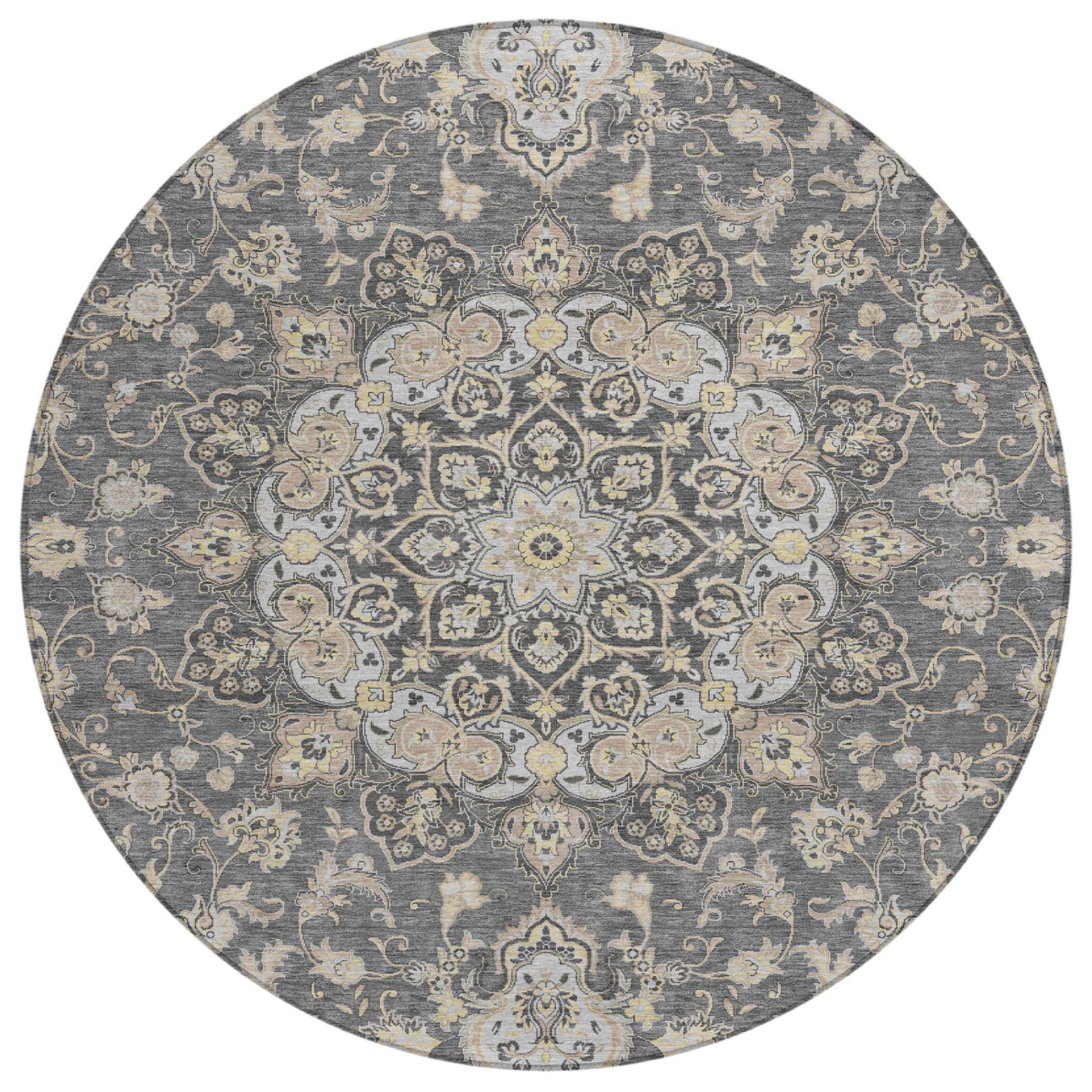 8' Gray And Graphite Round Oriental Washable Indoor Outdoor Area Rug - Sports & Outdoor