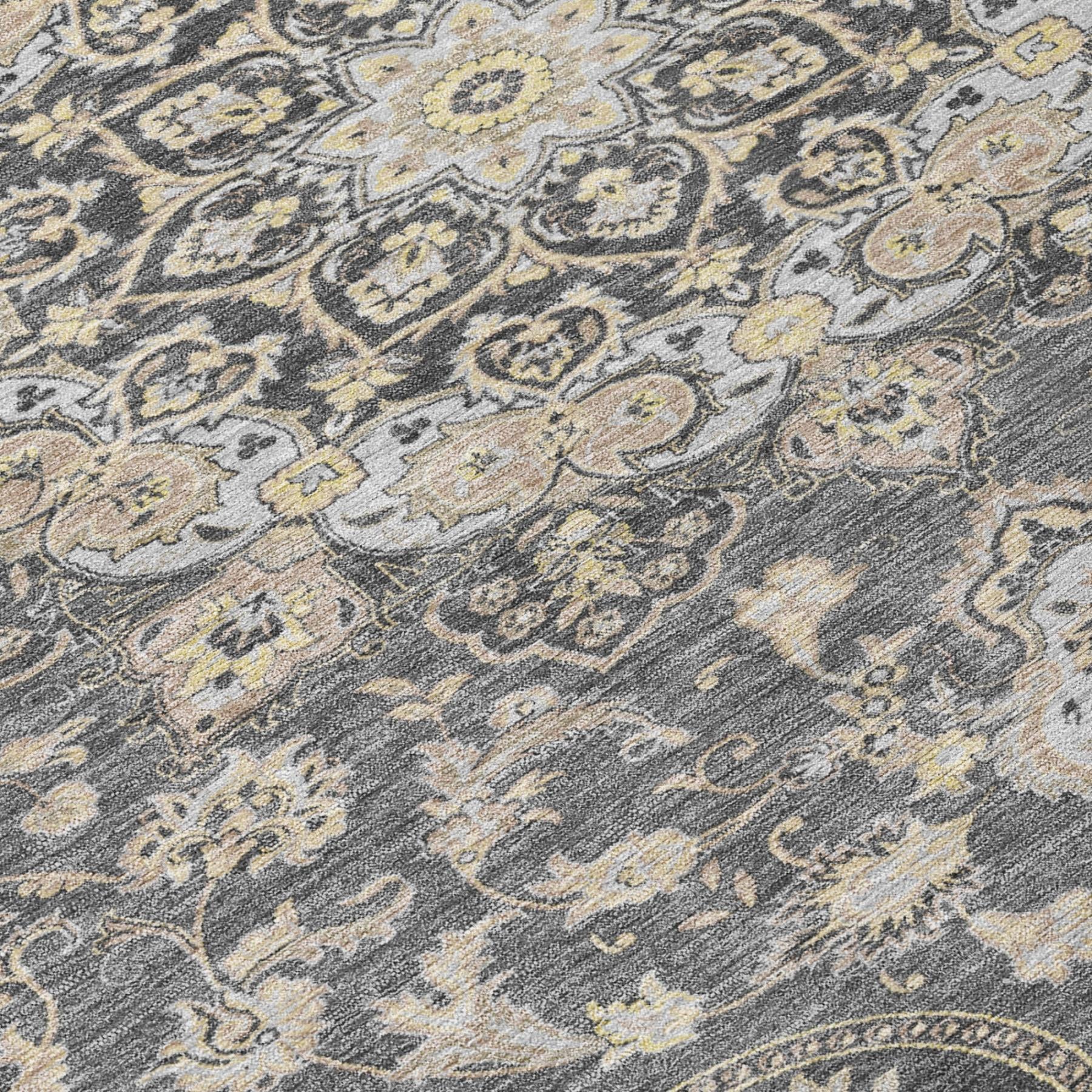Gray and gold floral area rug, featuring intricate patterns and a soft, plush texture, perfect for modern living spaces.