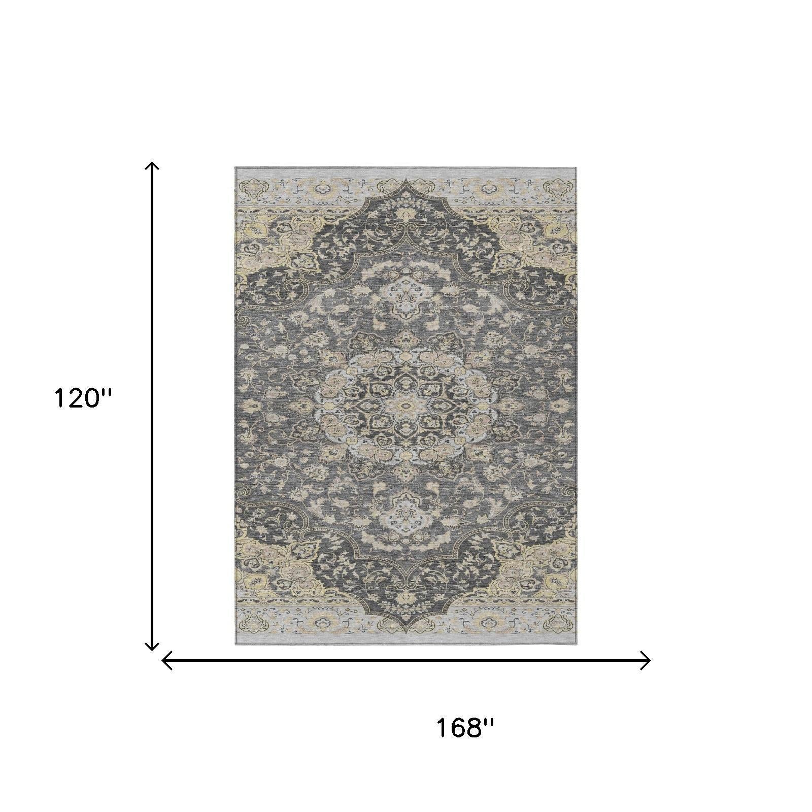 Gray and gold vintage-style area rug, 10'x14', intricate floral pattern, soft polyester fabric.