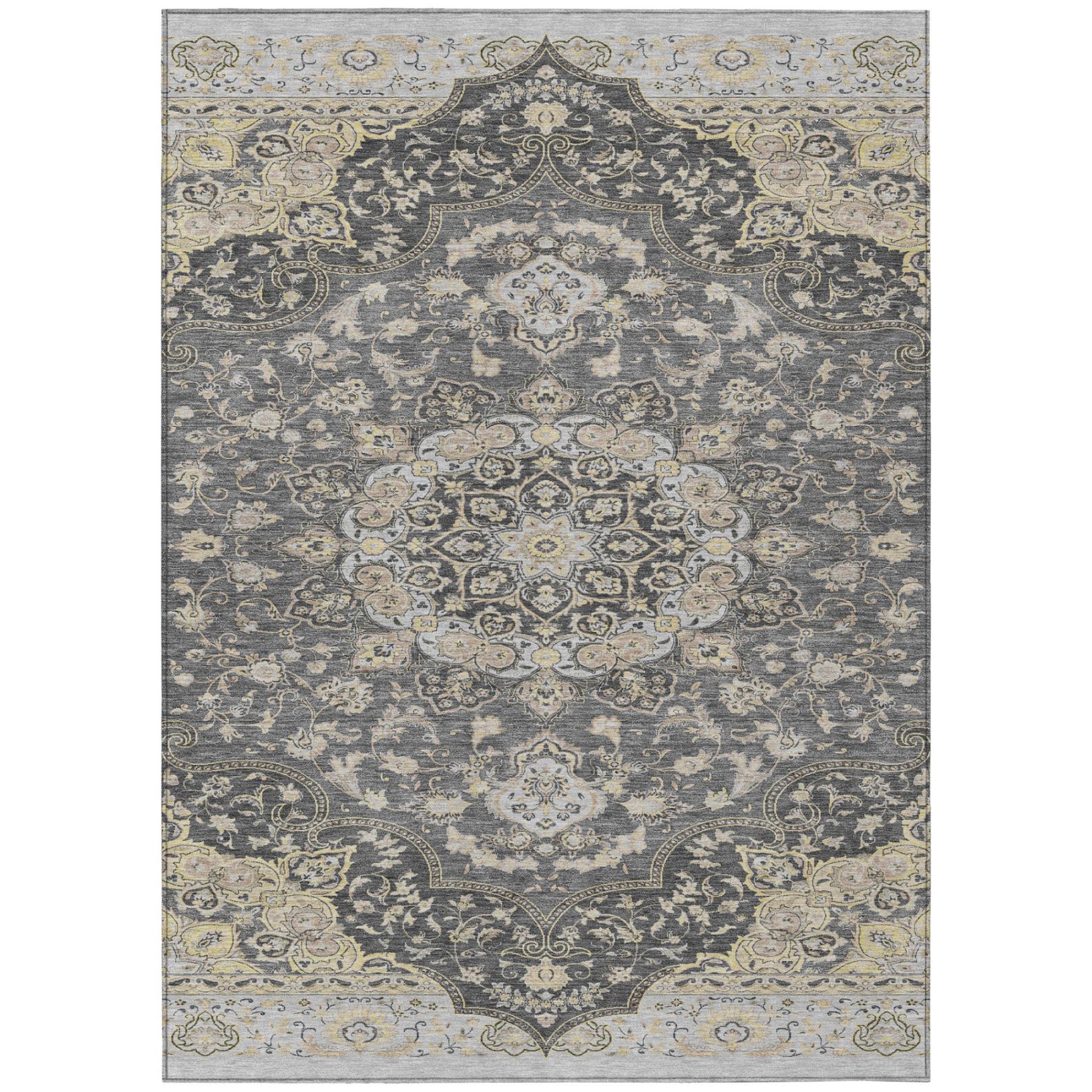Gray and beige vintage-style area rug with intricate floral pattern and ornate borders, made of soft durable fibers.