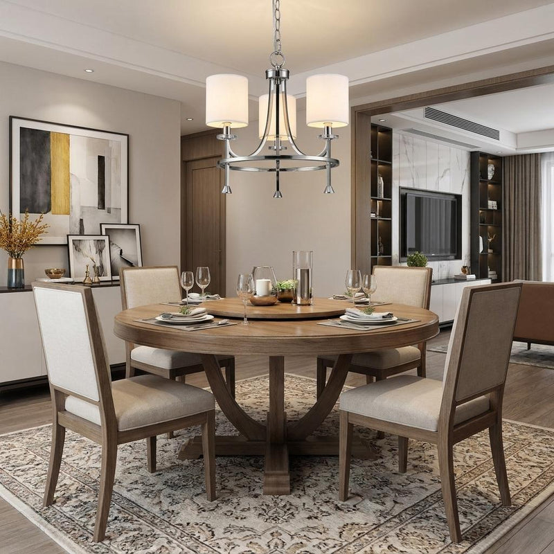 Silver Candle Style Three Light Metal Dimmable Chandelier With White Shades - Lighting