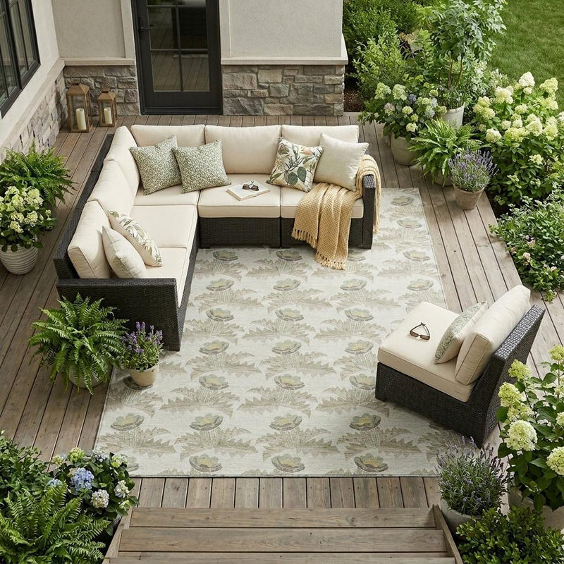 Ivory area rug with floral and zigzag pattern on wooden outdoor patio floor