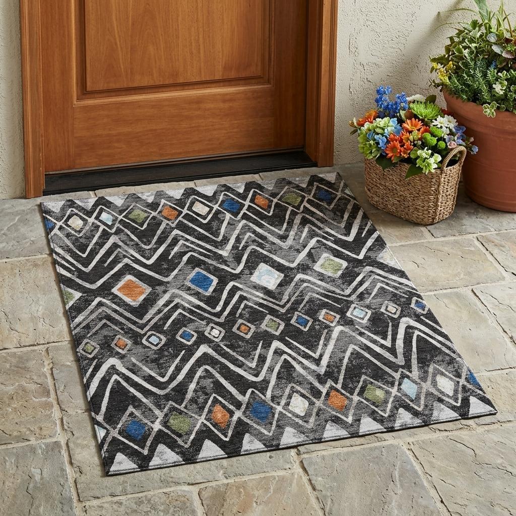 3' X 5' Black And Brown Geometric Washable Indoor Outdoor Area Rug - Sports & Outdoor