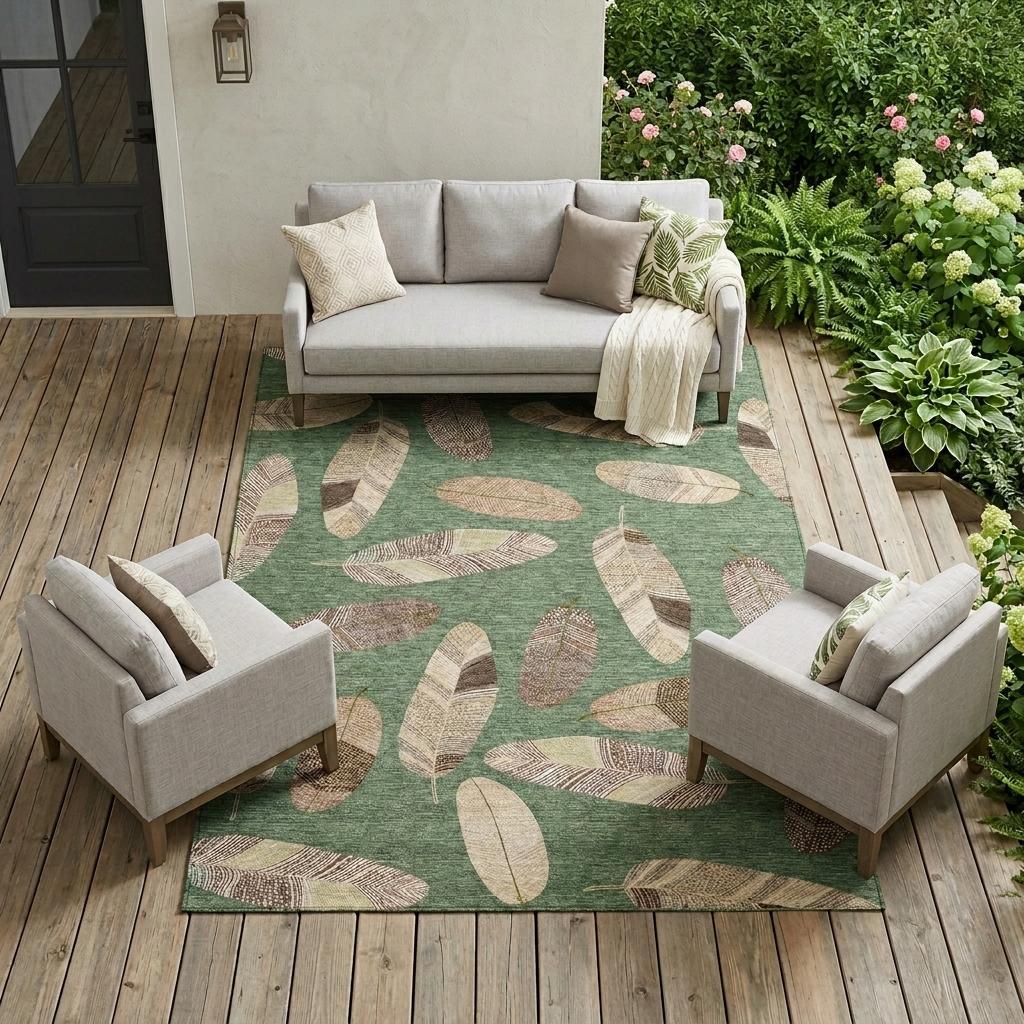 10' X 14' Green And Ivory Botanical Leaves Washable Indoor Outdoor Area Rug - Sports & Outdoor