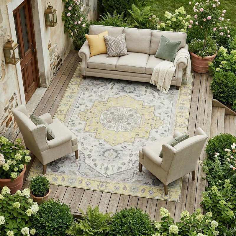 Oriental area rug with gray and yellow medallion and scroll pattern