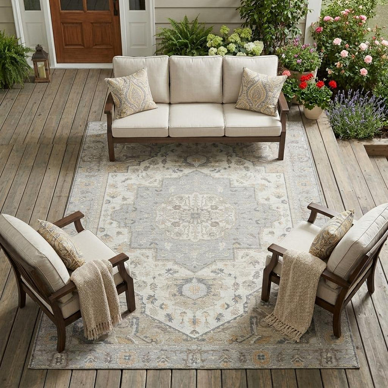 Rectangular area rug with cream ground and light blue-gray ornamental border