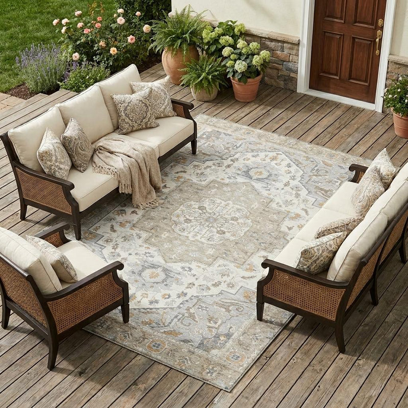 Beige and copper oriental area rug in outdoor patio seating arrangement