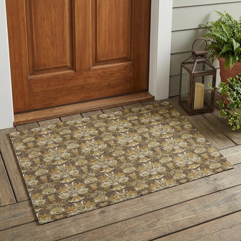 3' X 5' Chocolate And Copper Floral Washable Indoor Outdoor Area Rug - Sports & Outdoor