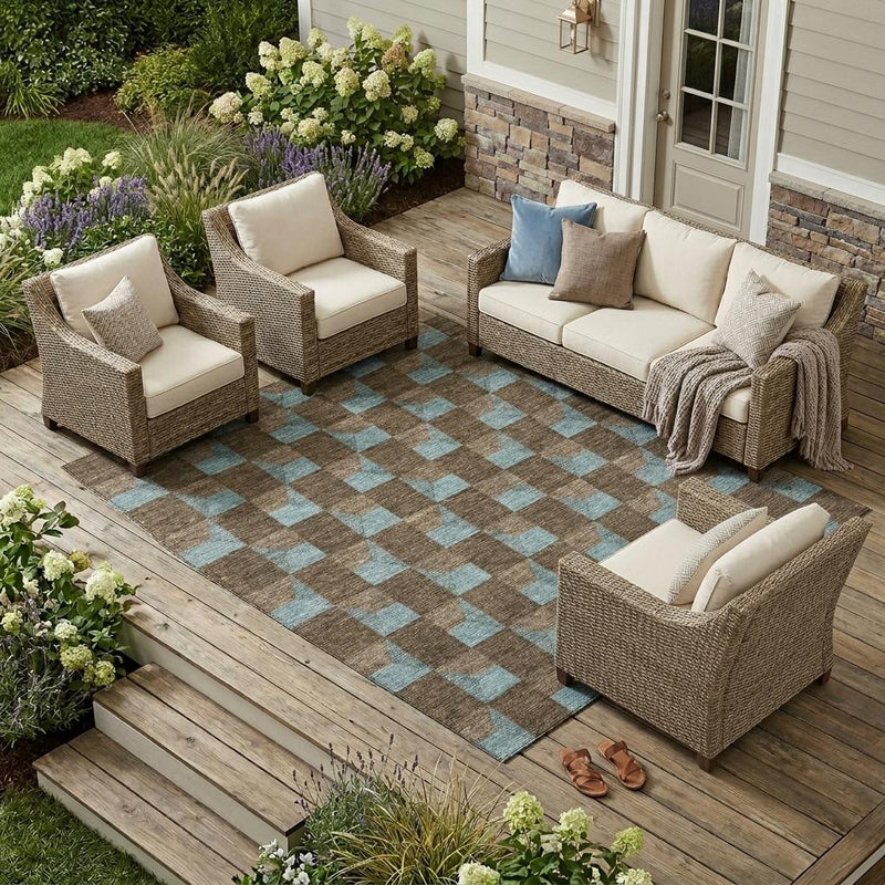 Geometric outdoor area rug with brown and light blue square pattern