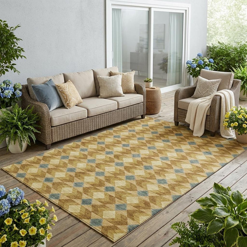 Geometric area rug in tan, brown, and blue, styled indoors on a wooden deck.