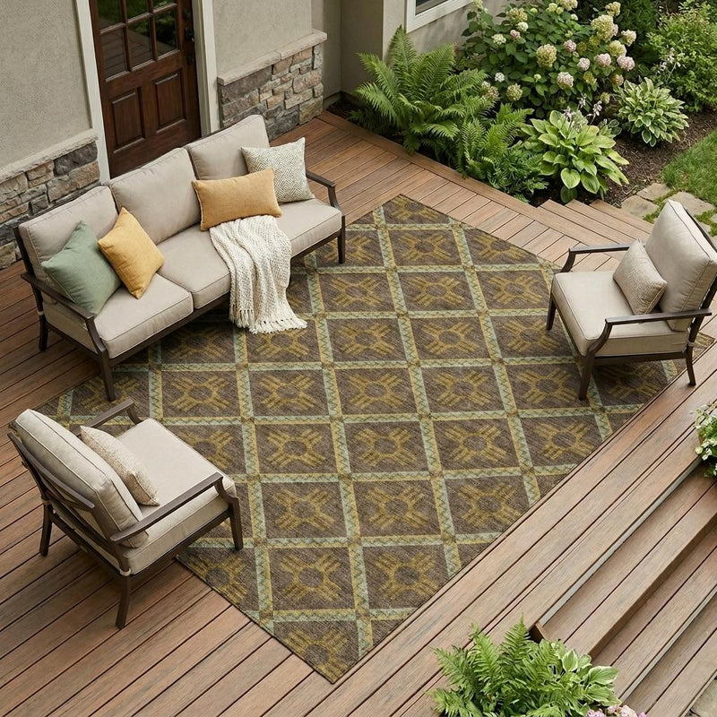 Outdoor-ready area rug with repeating diamond medallion pattern in chocolate and taupe