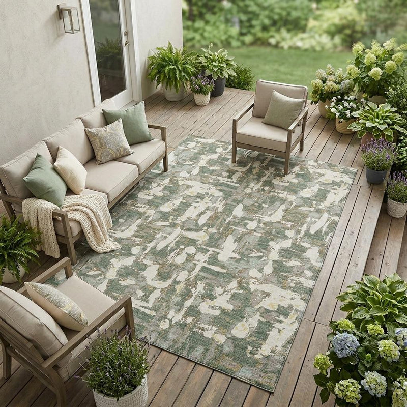 Green and beige abstract area rug in an outdoor patio setting, rectangular