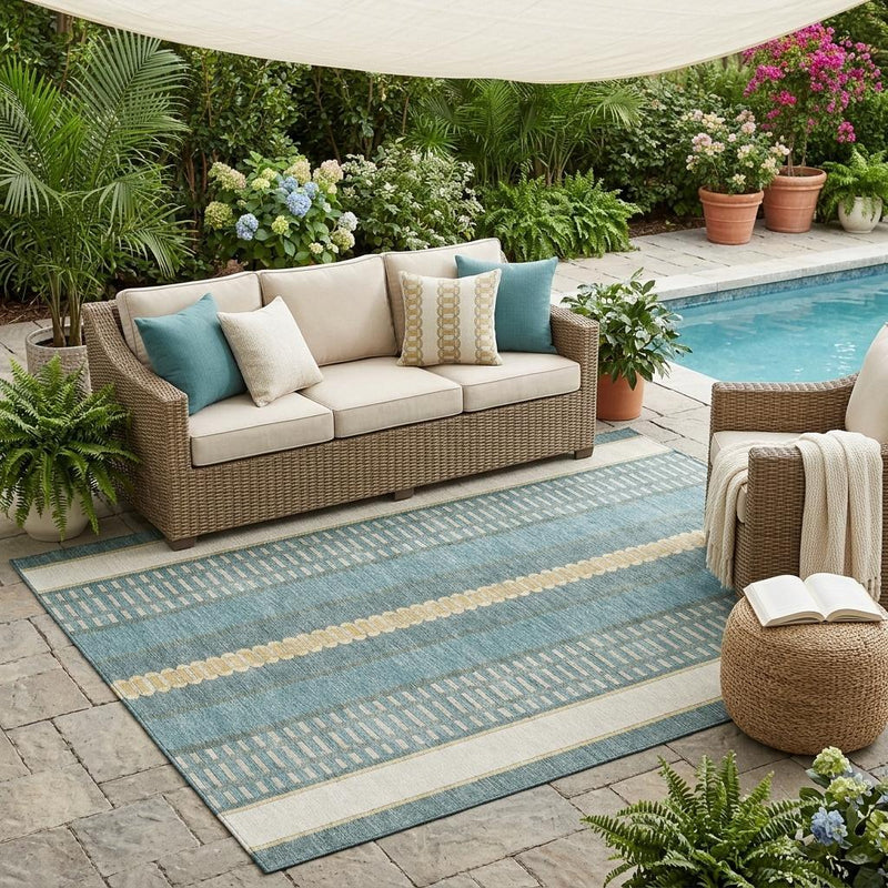 Teal blue area rug with striped center band, beige border, and geometric pattern