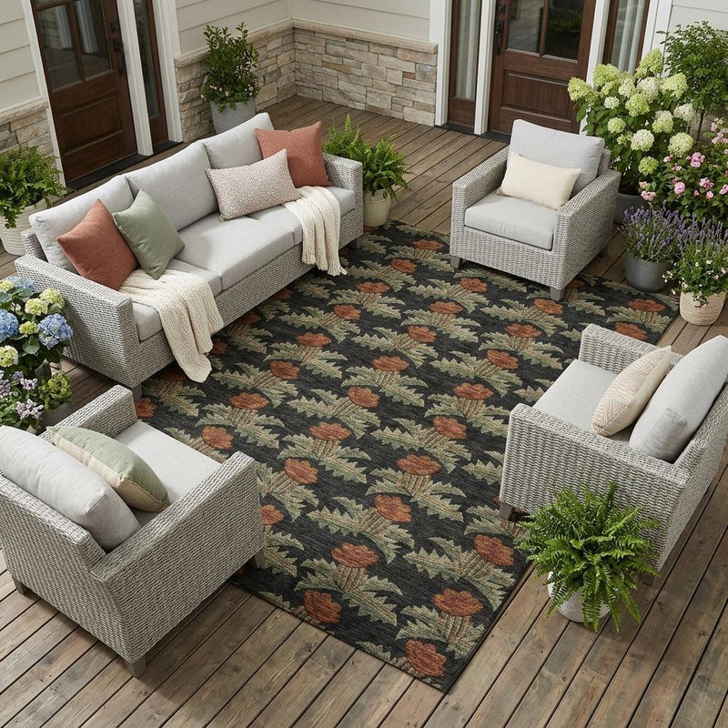 10x14 floral area rug with dark base and rust-and-green botanical pattern