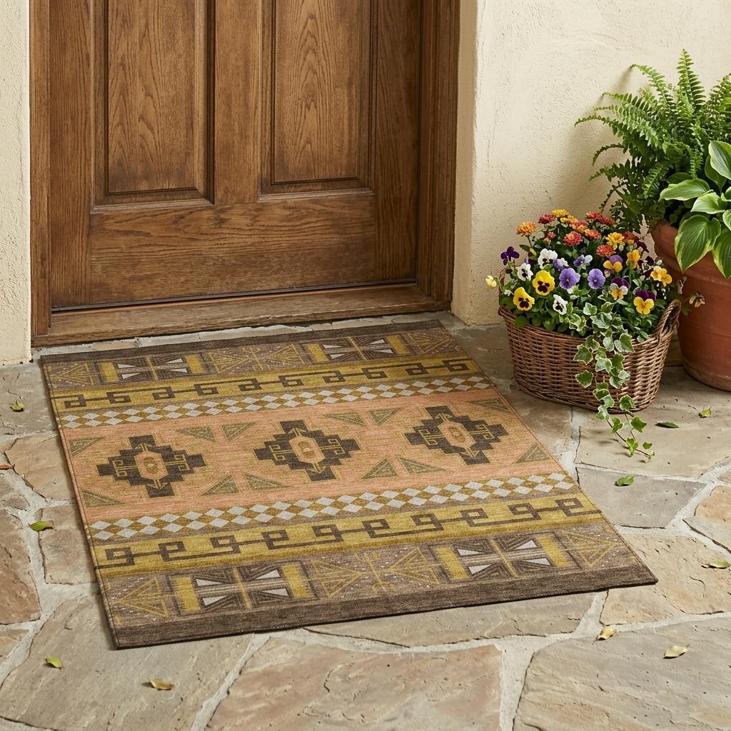 3' X 5' Chocolate And Olive Green Tribal Washable Indoor Outdoor Area Rug - Sports & Outdoor