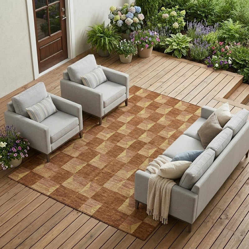 Geometric area rug in brown and tan with raised-look cube pattern on patio floor