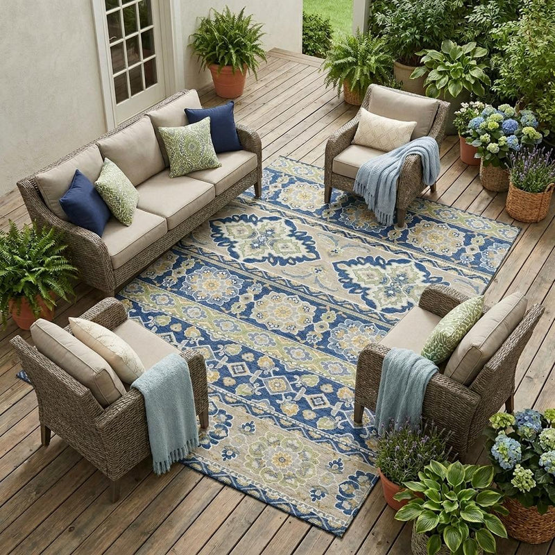 Navy and beige tribal patterned area rug on outdoor floor, full rug visible