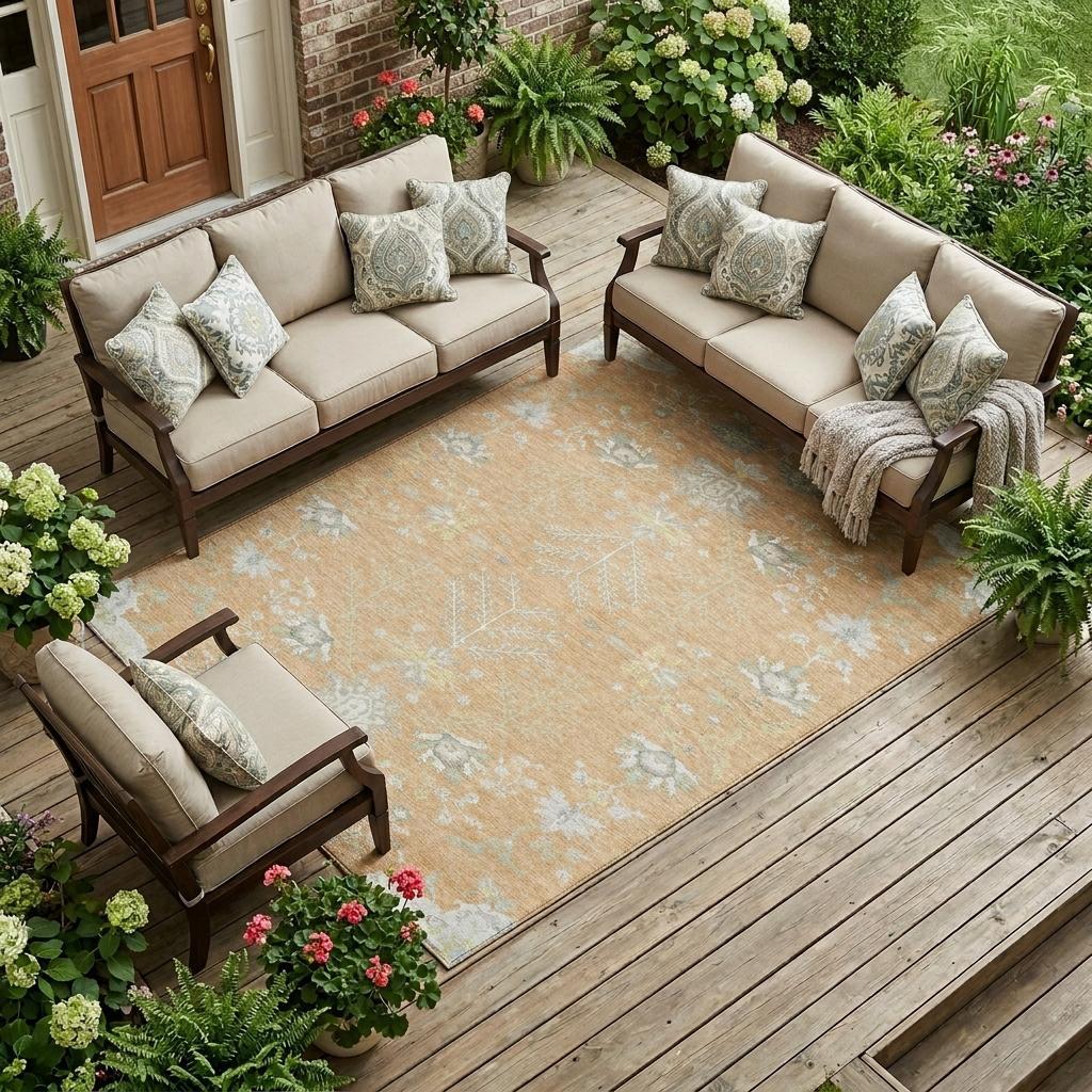 10' X 14' Peach And Ivory Oriental Washable Indoor Outdoor Area Rug - Sports & Outdoor