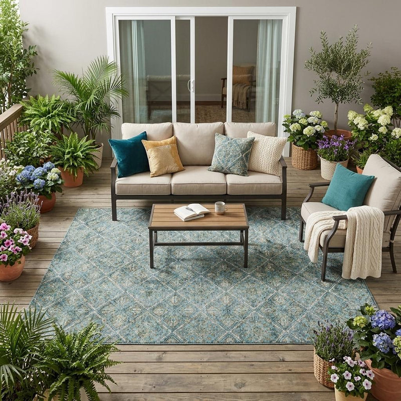 Teal blue geometric diamond area rug on an outdoor patio floor