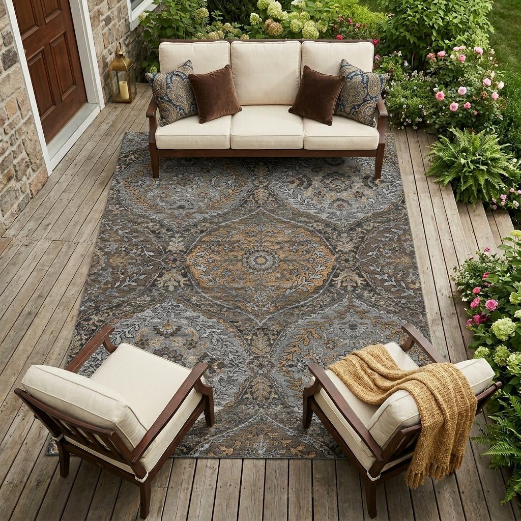 10' X 14' Gray And Brown Ogee Washable Indoor Outdoor Area Rug - Sports & Outdoor